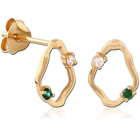 GOLD PLATED 18K STERLING SILVER 925 STUD EARRINGS OPEN LOOP CLEAR AND GREEN GEMS