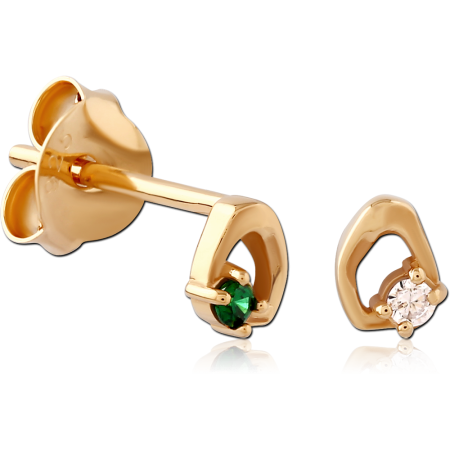 GOLD PLATED 18K STERLING SILVER 925 STUD EARRINGS ASYMMETRIC OPEN CLEAR AND GREEN GEMS