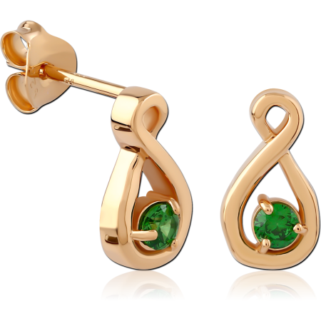 GOLD PLATED 18K STERLING SILVER 925 STUD EARRINGS INFINITY TEARDROP WITH GREEN GEM