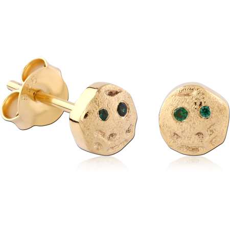 GOLD PLATED 18K STERLING SILVER 925 STUD EARRINGS TEXTURED DISC SMILEY WITH GREEN GEMS