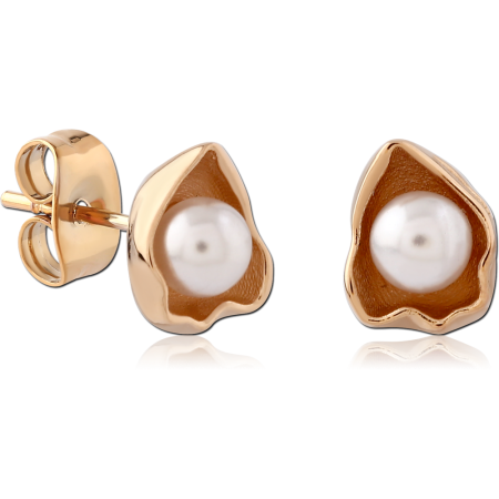 GOLD PLATED 18K STERLING SILVER 925 STUD EARRINGS ORGANIC PETAL WITH WHITE PEARL