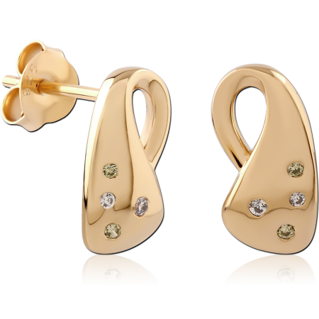 GOLD PLATED 18K STERLING SILVER 925 STUD EARRINGS ABSTRACT FOLD WITH MIXED GEMS