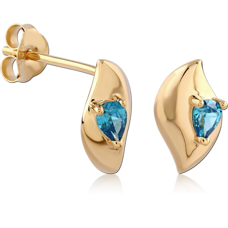 GOLD PLATED 18K STERLING SILVER 925 STUD EARRINGS CURVED LEAF WITH BLUE TRILLION GEM