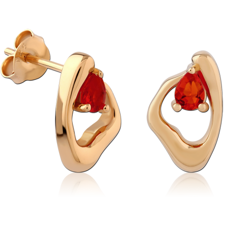 GOLD PLATED 18K STERLING SILVER 925 STUD EARRINGS OPEN FRAME WITH RED PEAR GEM