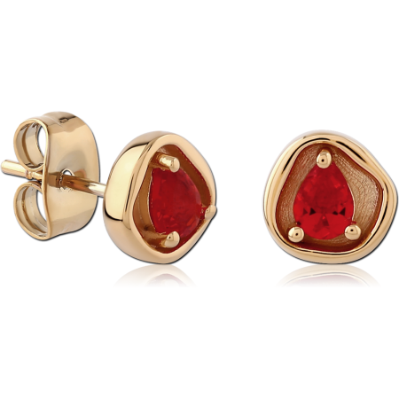 GOLD PLATED 18K STERLING SILVER 925 STUD EARRINGS PEAR RED GEM WAVY FRAME