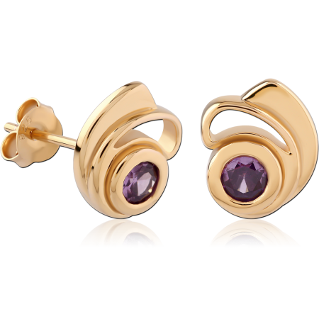 GOLD PLATED 18K STERLING SILVER 925 STUD EARRINGS SWIRL DESIGN PURPLE GEM