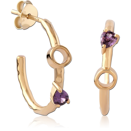 GOLD PLATED 18K STERLING SILVER 925 HOOP EARRINGS OPEN CIRCLE PURPLE GEM