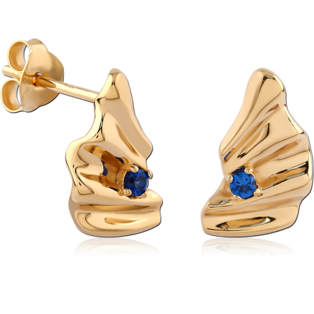 GOLD PLATED 18K STERLING SILVER 925 STUD EARRINGS ABSTRACT WAVY BLUE GEM