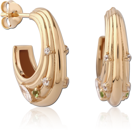GOLD PLATED 18K STERLING SILVER 925 HOOP EARRINGS MIXED CLEAR AND GREEN GEMS