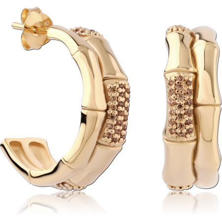 GOLD PLATED 18K STERLING SILVER 925 HOOP EARRINGS BAMBOO DESIGN TEXTURED CENTER