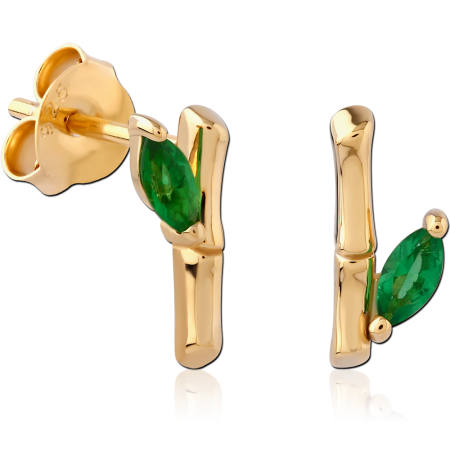 GOLD PLATED 18K STERLING SILVER 925 STUD EARRINGS BAMBOO BAR GREEN MARQUISE GEM