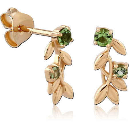 GOLD PLATED 18K STERLING SILVER 925 STUD EARRINGS LEAF BRANCH GREEN GEMS