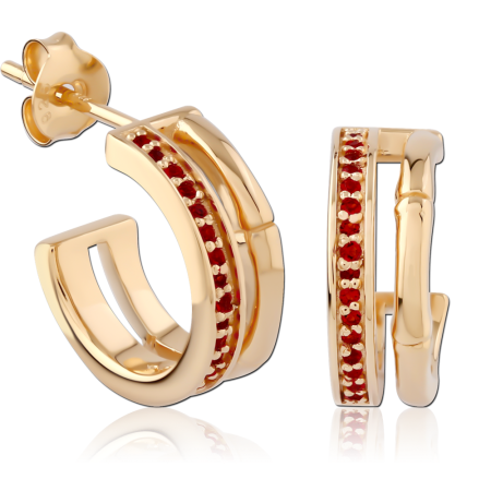 GOLD PLATED 18K STERLING SILVER 925 HOOP EARRINGS SPLIT BAND RED STONES
