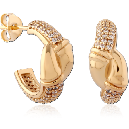 GOLD PLATED 18K STERLING SILVER 925 HOOP EARRINGS PAVE CLEAR STONES BOLD DESIGN