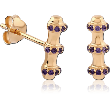 GOLD PLATED 18K STERLING SILVER 925 STUD EARRINGS BAMBOO BAR PURPLE GEMS
