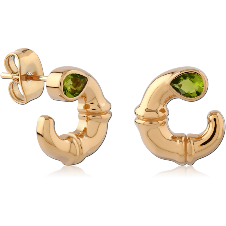 GOLD PLATED 18K STERLING SILVER 925 STUD EARRINGS C-HOOP TEARDROP GREEN GEM