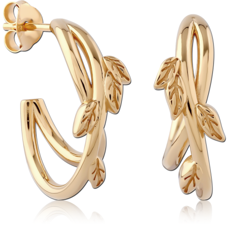 GOLD PLATED 18K STERLING SILVER 925 STUD EARRINGS LEAF VINE CROSSOVER
