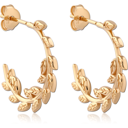 GOLD PLATED 18K STERLING SILVER 925 STUD EARRINGS LAUREL LEAF HALF HOOPS