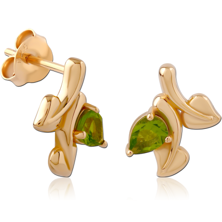 GOLD PLATED 18K STERLING SILVER 925 STUD EARRINGS ABSTRACT LEAF GREEN GEM