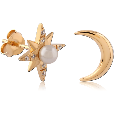 GOLD PLATED 18K STERLING SILVER 925 STUD EARRINGS MISMATCHED STAR PEARL AND MOON