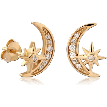 GOLD PLATED 18K STERLING SILVER 925 STUD EARRINGS CRESCENT MOON STAR CLEAR GEMS