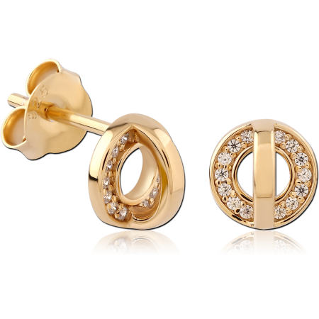 GOLD PLATED 18K STERLING SILVER 925 STUD EARRINGS OPEN CIRCLE BAR CLEAR GEMS