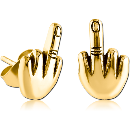 GOLD PVD COATED SURGICAL STEEL STUD EARRINGS MIDDLE FINGER HAND
