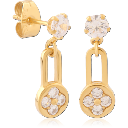 GOLD PVD COATED SURGICAL STEEL DROP STUD EARRINGS CLEAR GEM CLUSTER PAIR