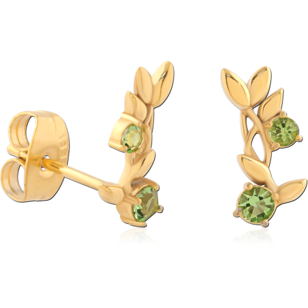 GOLD PVD COATED SURGICAL STEEL STUD EARRINGS LEAF CLIMBER GREEN GEMS