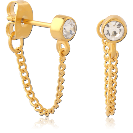 GOLD PVD COATED SURGICAL STEEL STUD EARRINGS DOUBLE CHAIN BEZEL GEMS