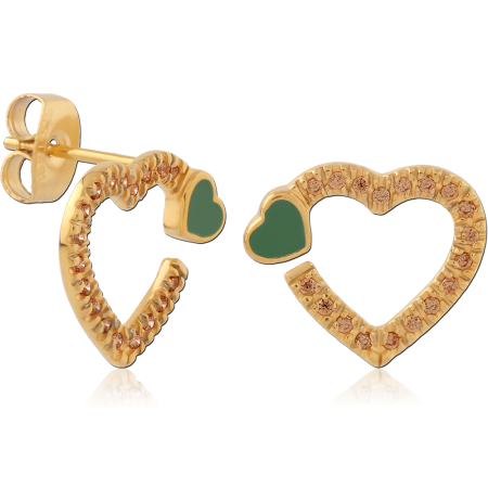 GOLD PVD COATED SURGICAL STEEL STUD EARRINGS OPEN HEART GREEN ENAMEL AND GEMS