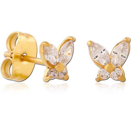 GOLD PVD COATED SURGICAL STEEL JEWELED EAR STUDS PAIR - BUTTEFLY