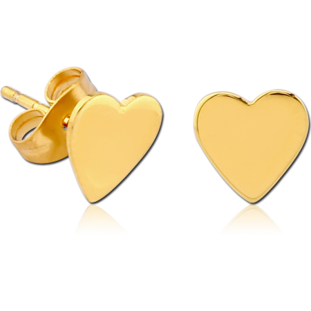 GOLD PVD COATED SURGICAL STEEL STUD EARRINGS FLAT HEART PAIR