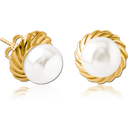 GOLD PVD COATED SURGICAL STEEL EAR STUDS PAIR WITH SYNTATIC PEARL - FILIGREE