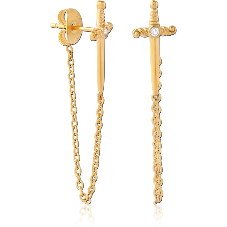 316L GOLD PVD COATED SURGICAL STEEL STUD EARRINGS WITH CHAIN DAGGER CRYSTAL