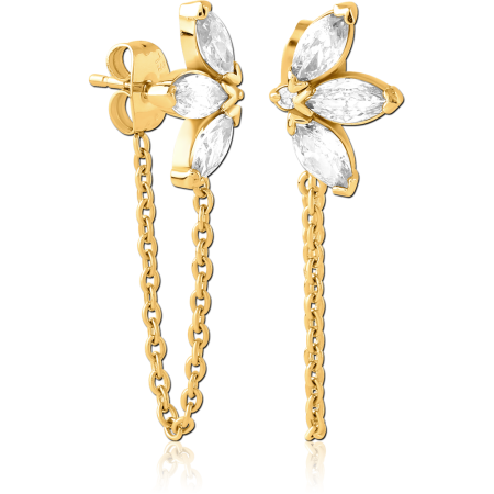 316L GOLD PVD COATED SURGICAL STEEL STUD EARRINGS MARQUISE CLUSTER WITH CHAIN