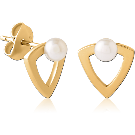 316L GOLD PVD COATED SURGICAL STEEL STUD EARRINGS TRIANGLE FRAME WITH PEARL