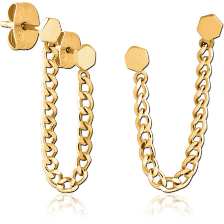 316L GOLD PVD COATED SURGICAL STEEL STUD EARRINGS HEXAGON STUDS WITH CHAIN