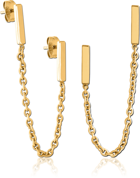 GOLD PVD COATED SURGICAL STEEL STUD EARRINGS DOUBLE BAR WITH CHAIN