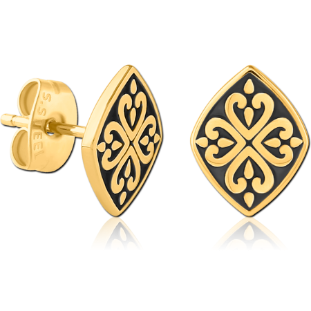 GOLD PVD COATED SURGICAL STEEL STUD EARRINGS BLACK ENAMEL DIAMOND PATTERN