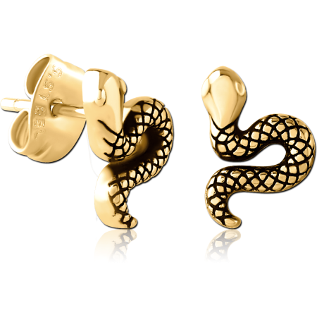 GOLD PVD COATED SURGICAL STEEL STUD EARRINGS SNAKE WITH BLACK DETAILING