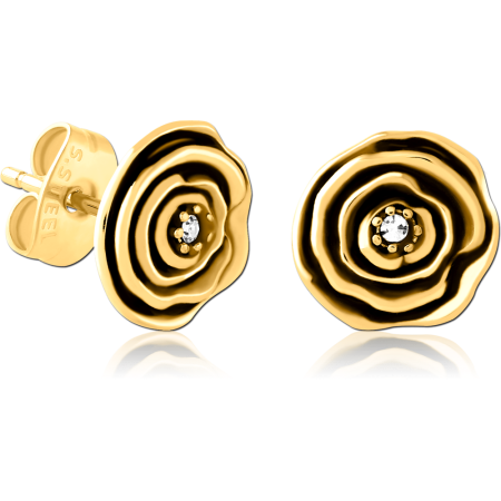 GOLD PVD COATED SURGICAL STEEL STUD EARRINGS PAIR SPIRAL FLOWER GEM