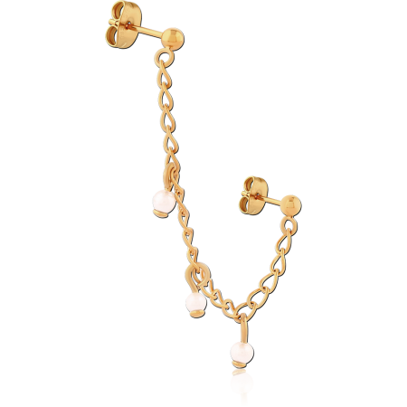 GOLD PVD COATED SURGICAL STEEL STUD EARRINGS PAIR WITH CHAIN AND BEAD CHARMS