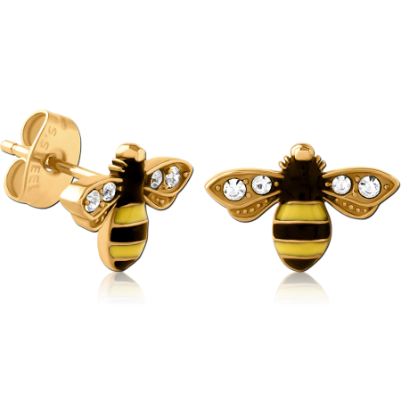 GOLD PVD COATED SURGICAL STEEL STUD EARRINGS PAIR BEE GEM WINGS