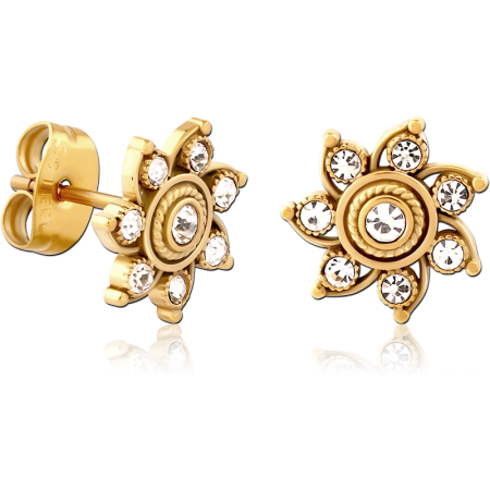 GOLD PVD COATED SURGICAL STEEL STUD EARRINGS PAIR FLOWER CLUSTER GEMS