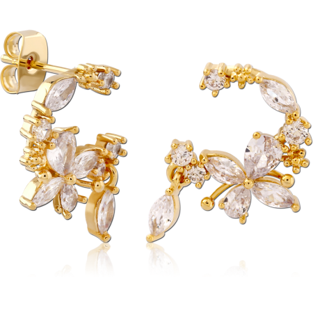 GOLD PLATED STERLING SILVER 925 STUD EARRINGS FLORAL MARQUISE CLEAR GEM CLUSTER