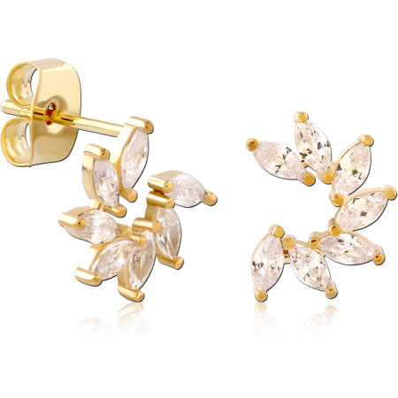 GOLD PLATED STERLING SILVER 925 STUD EARRINGS LEAF MARQUISE CLEAR GEM CLUSTER