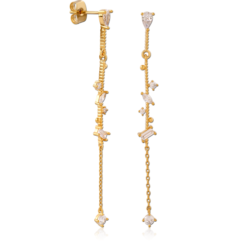 GOLD PLATED STERLING SILVER 925 STUD EARRINGS LONG CHAIN DROP CLEAR GEMS