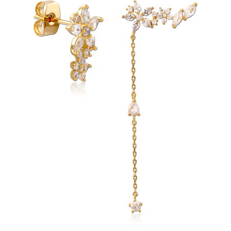 GOLD PLATED STERLING SILVER 925 STUD EARRINGS CLEAR GEM FLORAL CLUSTER WITH CHAIN DROP