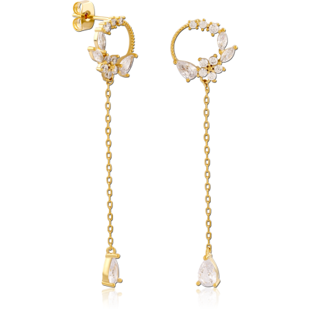 GOLD PLATED STERLING SILVER 925 STUD EARRINGS CLEAR GEM WREATH CLUSTER WITH CHAIN DROP